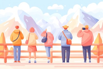Naklejka premium flat style tourists taking photos at a scenic viewpoint, minimalist mountainscape in background, soft neutral tones