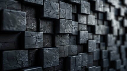 A detailed close-up of textured black blocks creating an intriguing and modern wall design, inviting viewers to appreciate its tactile quality and artistic composition.