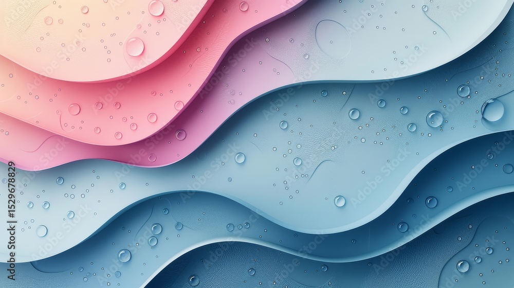Poster an artistic depiction of colorful water droplets resting on a soft wavy background, symbolizing flui