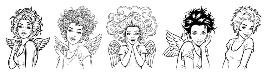 curly haired angel women with expressive faces in vintage style