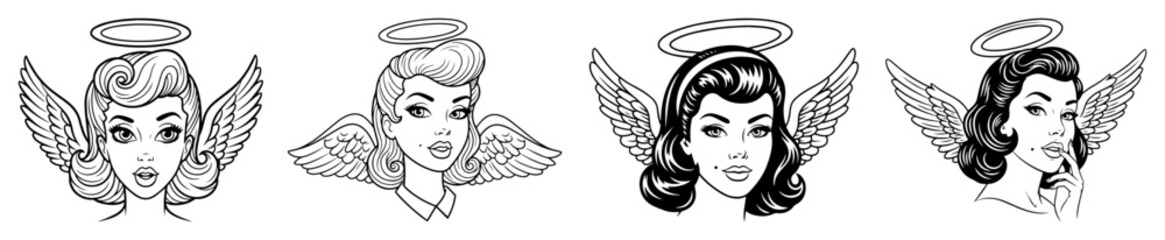 retro angel heads with halos and wings in vintage tattoo style