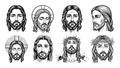 set of jesus christ portraits with halo and crown of thorns