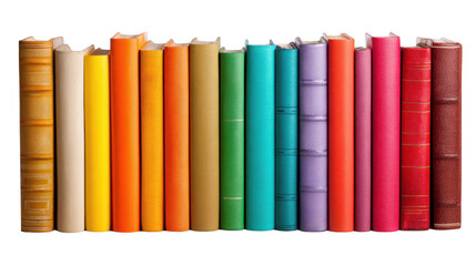 Fototapeta premium Colorful books are standing in a row sorted by color from light to dark creating a vibrant gradient effect on a transparent background, perfect for educational or literary themes