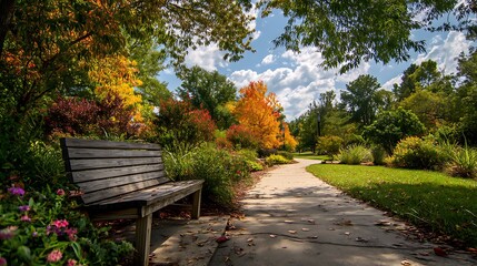 A peaceful park scene with a wooden bench facing the screen surrounded by lush greenery, colorful autumn trees, and a well-maintained path. The sky is clear with a few clouds, and .