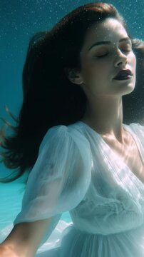 Woman floats underwater in serene meditation with flowing white dress