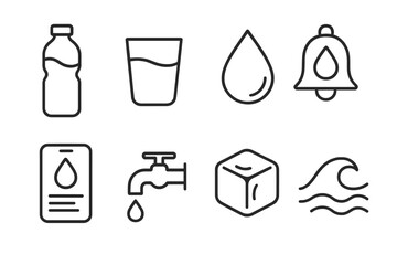 Hydration Icon Set. Line style icons for hydration: water bottle, glass, droplet, reminder bell, hydration tracker, faucet, ice