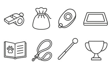 Training Tools Icons. Line style icons for training: whistle, treat pouch, clicker, training pad, obedience manual, leash, target