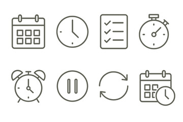 Line Style Icons. Line style icons for schedules and limits: calendar, clock, checklist, timer, alarm, pause, repeat, daily limit.