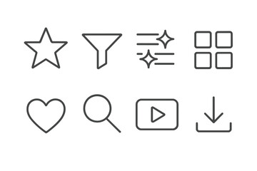 Line Style Icons. Line style icons for effects library: star, filter, effect list, categories, favorites, search, preview,