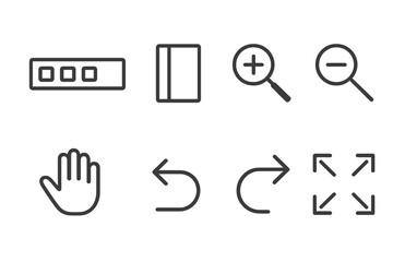 Interface Icon Set. Line style icons for interface navigation: toolbar, sidebar, zoom in, zoom out, hand tool, undo, redo,
