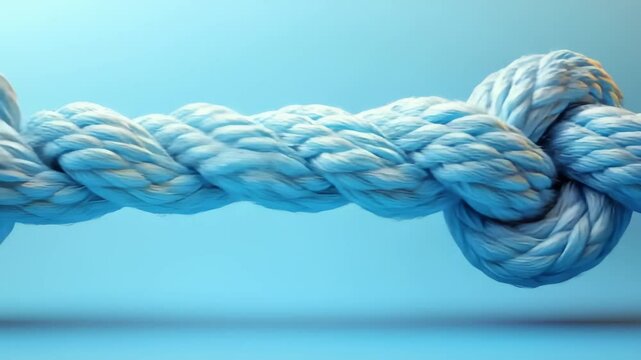 Strength, Connection, and Teamwork Concept of a tightly tied knot in a thick blue rope, ideal for illustrating business partnerships, problem-solving, and corporate security.