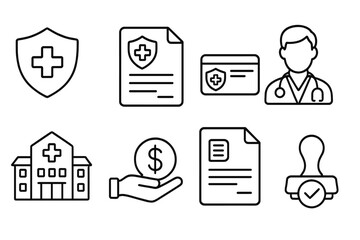 Health Insurance Icons. Line style icons for health insurance: shield, policy document, card, doctor, hospital, payment, claim