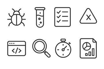 Debugging Line Icons. Line style icons for debugging and testing: bug, test tube, checklist, error, console log, magnifying glass,