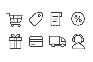 Store Feature Icons. Line style icons of store features: shopping cart, price tag, receipt, discount, gift box, credit card,