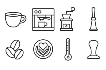 Barista Tools Icons. Line style icons of restaurant barista tools: coffee cup, espresso machine, grinder, milk frother, coffee