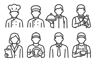 Restaurant Staff Icons. Line style icons of restaurant staff roles: chef, sous chef, waiter, bartender, host, dishwasher, manager,