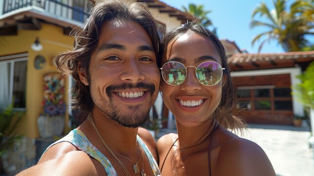 A joyful couple takes a selfie outdoors on a sunny day, capturing their smiles and the vibrant atmosphere of their surroundings, reflecting love and happiness.