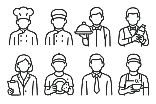 Restaurant Staff Icons. Line style icons of restaurant staff roles: chef, sous chef, waiter, bartender, host, dishwasher, manager,