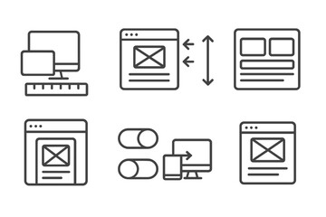 Responsive Design Icons. Line style icons of responsive design: interface scale ruler, spacing layout chart, block reorder icon,