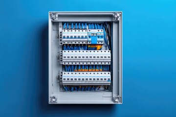 Electrical distribution box with multiple circuit breakers.