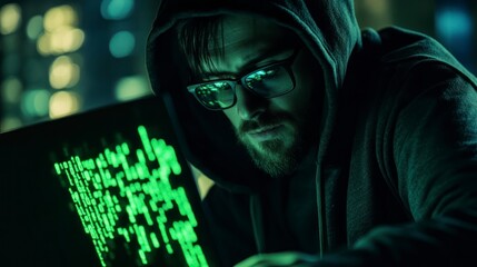 Man with Glasses Programming at Night