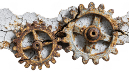Two rusty clock gears are emerging from a cracked white surface, showcasing the passage of time and the beauty of decay, isolated on a transparent background