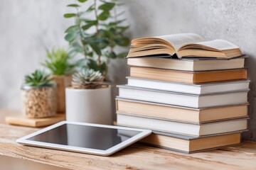 Cozy Interior with a Stack of Books, Open Book, Tablet, and Potted Plants on Wooden Shelf for Study and Relaxation Atmosphere
