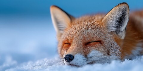 Red fox peacefully sleeping on snow in winter landscape during daylight.