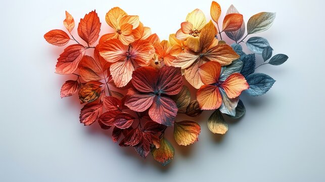 An artistic arrangement of colorful autumn leaves shaped like a heart, symbolizing love and the beauty of nature during fall with various shades and textures.