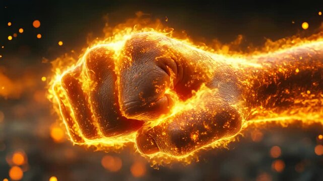 Power and Strength Concept Video of a clenched fist engulfed in cinematic fire and burning embers, ideal for motivational content, action sequences, or showcasing superhuman abilities.
