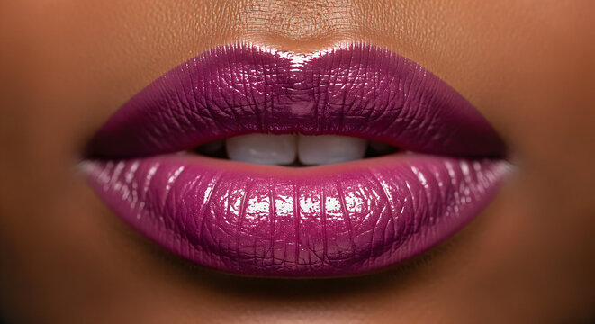 Close-up of a person's lips wearing glossy dark pink or purple lipstick. The lips are well-defined, and the texture of the lipstick highlights a shiny and smooth appearance. - Powered by Adobe