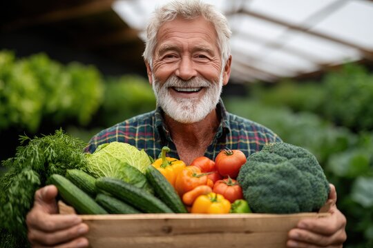 Senior man holding a wooden crate filled with fresh vegetables. - Powered by Adobe