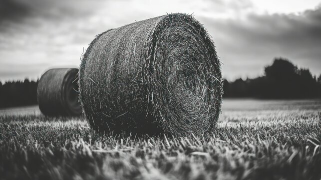 Close-up of hay bales in a field, monochrome