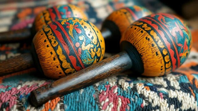 Traditional Ethnic Music and Culture Showcased in a Close-up of Vibrant, Hand-Painted Wooden Maracas on an Authentic Woven Textile, Ideal for Documentaries and Celebrating World Music Heritage.