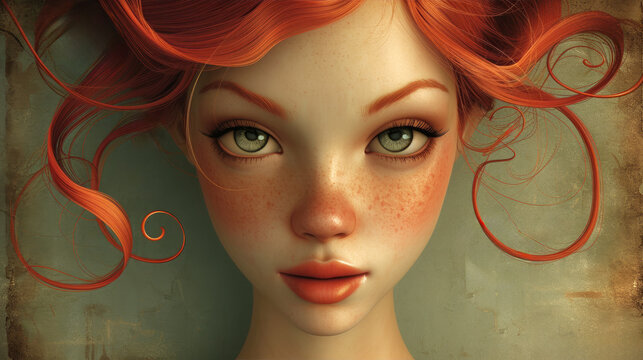 a close-up of a girl's face with vibrant curly red hair, green eyes, and freckles