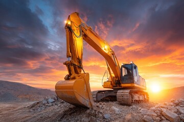A large excavator at sunset over a rocky landscape.
