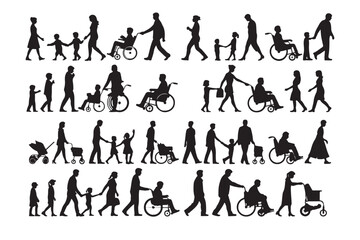 Black Silhouettes of Families Adults Children Wheelchairs Strollers Walking