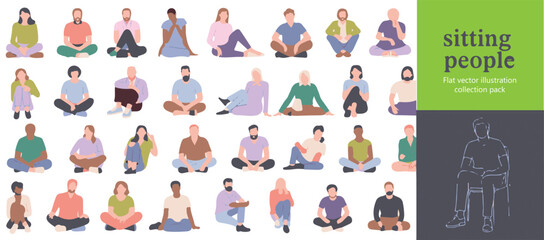 Diverse People Sitting in Various Poses Pastel Flat Vector Illustration Collection