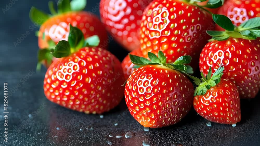 Poster macro shot of a fresh ripe strawberry with glossy texture and sharp detail