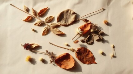 Autumn foliage and dried flowers arranged on a paper surface create a natural composition.