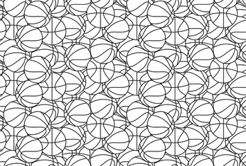 Seamless basketball stack pattern, hand drawn black lines, sports ball background for fabric, wallpaper, textile, vector design, kids theme, fitness center, fitness decor.