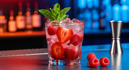 Glass filled with a cocktail, containing ice, raspberries, and slices of strawberries. There's a garnish of fresh mint leaves on top. The drink is on a bar counter, with a few raspberries nearby.