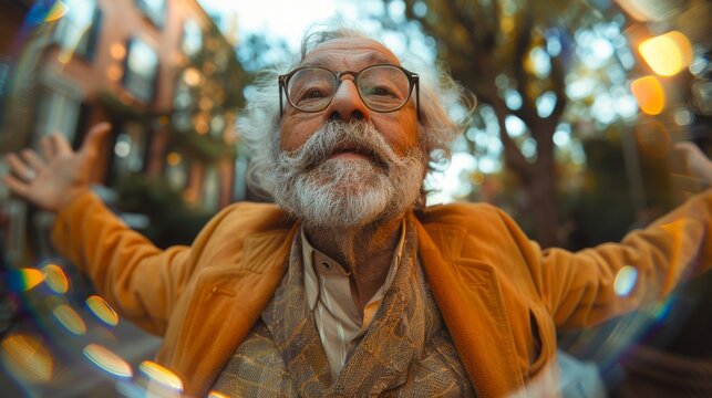 A joyful elderly man with a white beard and glasses, wearing an orange coat, standing outdoors with open arms, representing freedom, happiness, and a love for life.