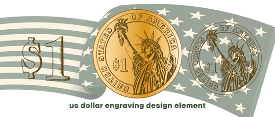 Vector engraving, design element. Modern US dollar. Change coin of United States of America. American money