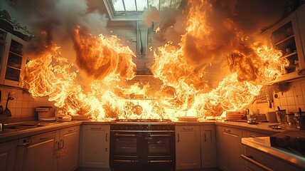 A chaotic kitchen scene captured at the moment of a fierce fire outbreak, billowing flames and smoke creating a sense of urgency and danger, and alerting to safety risks.