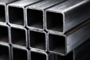 Close-up view of stacked square metal tubes.