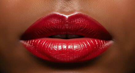 Close-up of well-defined lips with glossy red lipstick. The vibrant color and shine make the lips stand out prominently against the skin tone.