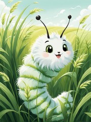 illustration of cute smiling cartoon butterfly sitting on the grass
