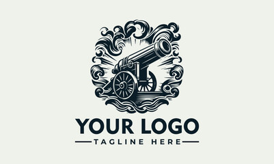 Detailed vintage cannon illustration firing with smoke and decorative stars. Historical weaponry concept