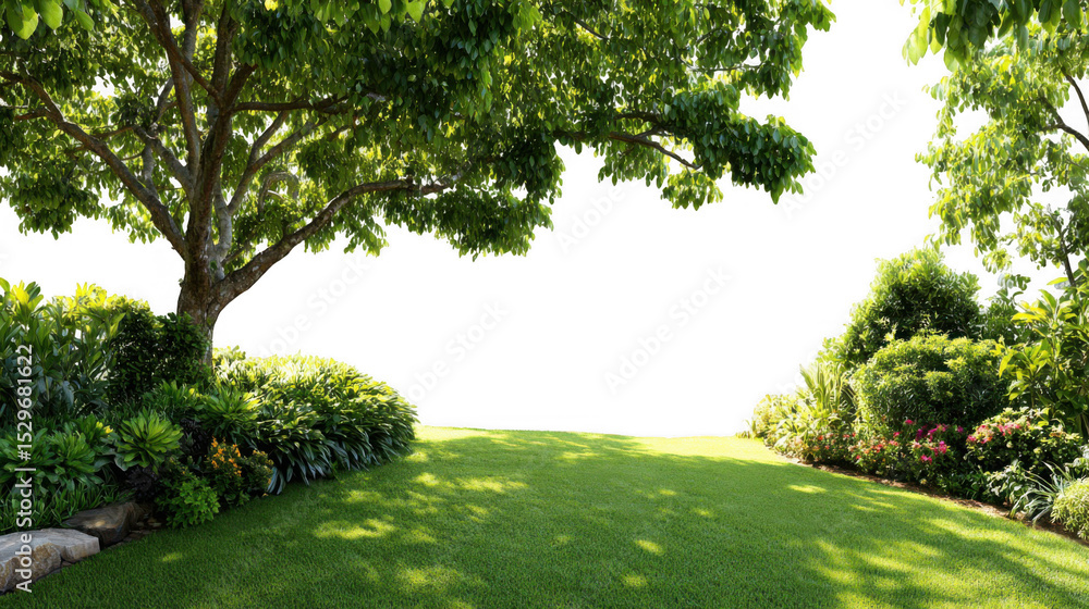 Poster sunlight streaming across a vibrant green backyard, highlighting the lush grass and flourishing tree